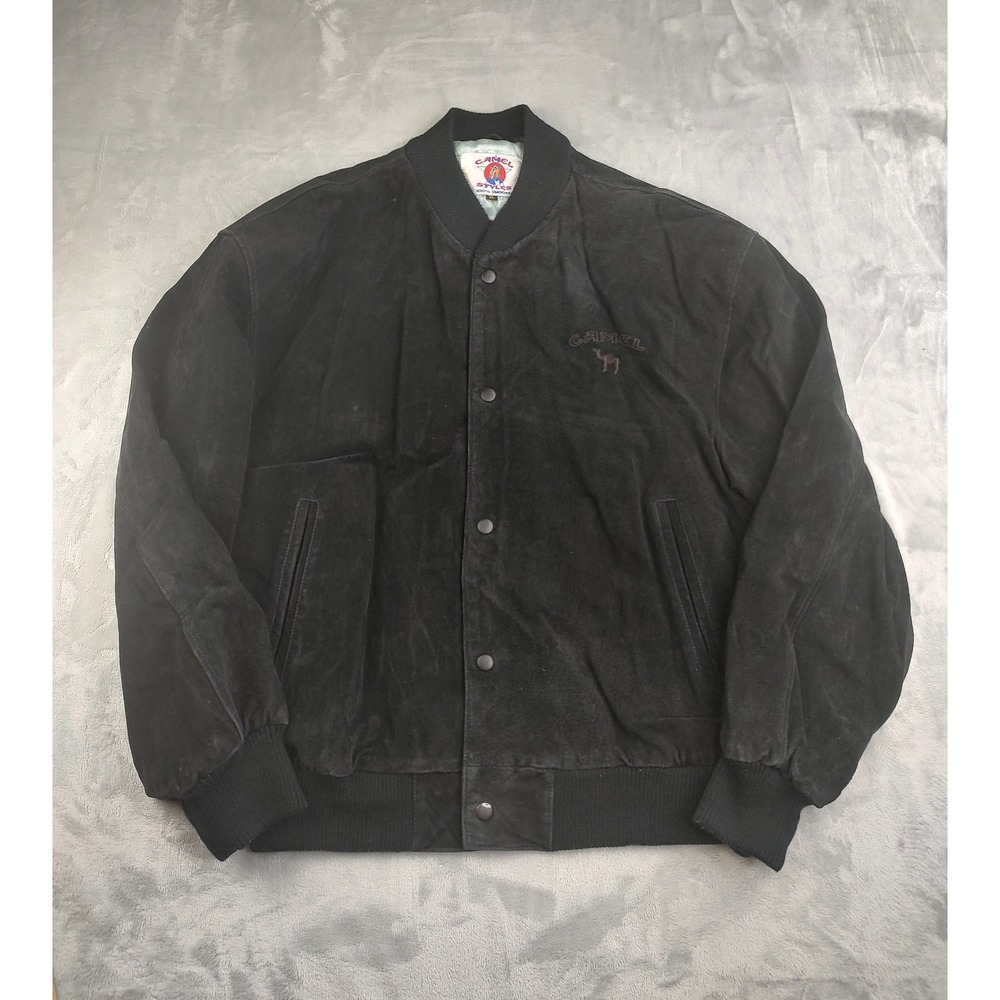 Camel Styles Leather Bomber Jacket Mens XL Black Suede Baseball Varsity